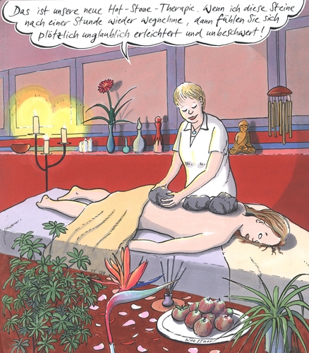 Cartoon: Hot Stone Therapie (medium) by woessner tagged wellness,therapie,entspannung,relax,resort,erholung,medizin,humbug,esoterik,wellness,therapie,entspannung,relaxen,erholung,medizin,esoterik,patient,gesundheit,unbeschwert,erleichtert,humbug