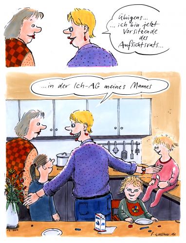 Cartoon: Ich AG (medium) by woessner tagged ich,ag,arbeitslosigkeit,bundesagentur,arbeitsamt,,ich,ag,arbeitslosigkeit,bundesagentur,arbeitsamt,jobcenter,familie,hausfrau,kinder,frau,mann,ehe,chef,vorsitzende,aufsichsrat,küche,haushalt,familienbetrieb,haus,erziehung,abwasch,hausmann,rollenverteilung,rollenbild,vater,mutter,papa,mama,neue väter,emanzipation,ehevertrag,lebenspartnerschaft,partnerschaft,hauswirtschaft,ich ag,boss,vaterrolle,clan,angehörige,geschlecht,elternhaus,familienbild,gesellschaft,neue,väter