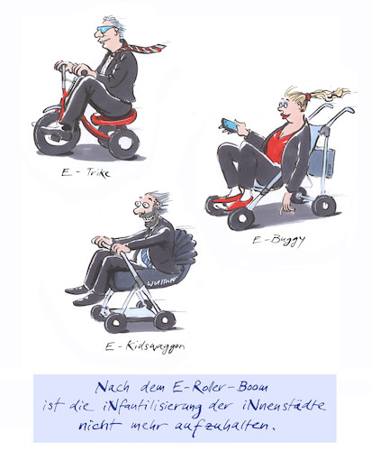 Cartoon: Infantilisierung (medium) by woessner tagged woessner,karikaturen,cartoons,mobilität,individualverkehr,elektrisch,batteriegetrieben,batterie,umwelt,luftverschmutzung,klimawandel,klimaerwärmung,fortbewegung,stadtverkehr,berufsverkehr,verkehrskollaps,infantilisierung,stadtflanierer,roller,trike,buggy,stadtleben,scooter,verkindlichung,verniedlichung,hipster,nichtsnutze,coole,leute,carpe,diem,hedonisten,stadtmenschen,touristen,flaneure,woessner,karikaturen,cartoons,mobilität,individualverkehr,elektrisch,batteriegetrieben,batterie,umwelt,luftverschmutzung,klimawandel,klimaerwärmung,fortbewegung,stadtverkehr,berufsverkehr,verkehrskollaps,infantilisierung,stadtflanierer,roller,trike,buggy,stadtleben,scooter,verkindlichung,verniedlichung,hipster,nichtsnutze,coole,leute,carpe,diem,hedonisten,stadtmenschen,touristen,flaneure