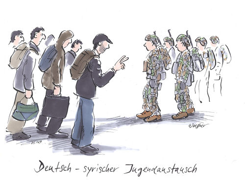 Cartoon: Jugendaustausch (medium) by woessner tagged deutsch,syrischer,jugendaustausch,völkerverständigung,flüchtlinge,asylanten,politisch,verfolgte,militäreinsatz,islamischer,staat,krieg,gegen,terror,soldaten,kampfeinsatz,terrorismus,islam,woessner,cartoon,karikatur,jugend,junge,männer,syrien,deutschland,flüchtlingswelle,flüchtlingsproblematik,fliehen,asysuchende,religion,fundamentalismus,bundeswehr,auslandseinsatz,deutsch,syrischer,jugendaustausch,völkerverständigung,flüchtlinge,asylanten,politisch,verfolgte,militäreinsatz,islamischer,staat,krieg,gegen,terror,soldaten,kampfeinsatz,terrorismus,islam,woessner,cartoon,karikatur,jugend,junge,männer,syrien,deutschland,flüchtlingswelle,flüchtlingsproblematik,fliehen,asysuchende,religion,fundamentalismus,bundeswehr,auslandseinsatz