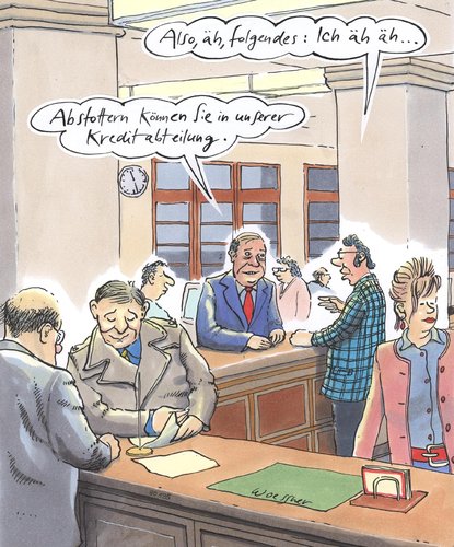 Cartoon: Kredit abstottern (medium) by woessner tagged abstottern,kredit,geld,bank,sprache,sprachfehler,stottern,abstottern,kredit,geld,bank,sprache,sprachfehler,stottern,finanzen,raten,kredite,handicap