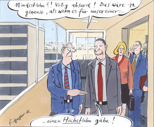 Cartoon: mindestlohn (medium) by woessner tagged wirtschaft,gewerkschaft,arbeit,geld,,wirtschaft,gewerkschaft,arbeit,geld,gehalt,job,leistung,entgelt,lohntüte,lohnabrechnung,akkord,besoldung,mindestlohn,mindestlöhne,niedriglöhne,sozialstandards,minijobs,geringfügige beschäftigung,agenda 2010,hartz 4,reformen,sozialsystem,management,spitzengehälter,investmentgesellschaft,investoren,investor,private equity,kapitalist,kapitalismus,reichensteuer,multimilionär,heuschrecken,heuschrecke,gier,managergehälter,topverdiener,topverdienst,führungskraft,wirtschaftsführer,geringfügige,beschäftigung,agenda,2010,hartz,private,equitymanager,equity,unterschicht,gleichberechtigung,gleichheit,gleichstellung,chancengleichheit,gleichrangigkeit,solidarität,zusammenhalt,gemeinsinn,gemeinschaftssinn,konsens,eintracht,chance,chancen,gerechtigkeit,kluft,selektion,oberschicht,proletariat,klassengemeinschaft,schere,sozial,soziale marktwirtschaft,soziale,marktwirtschaft