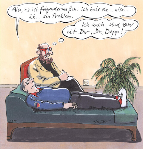 Cartoon: Problem (medium) by woessner tagged cartoon,karikaturen,woessner,depp,idiot,irrer,schimpfwort,psychische,probleme,anamnese,befragung,problem,psychiater,psychologe,psychotherapeut,patient,klient,sympathie,antipathie,zuneigung,abneigung,behandlung,couch,seelische,neurose,psychose,psychotherapie,sitzung,session,cartoon,karikaturen,woessner,depp,idiot,irrer,schimpfwort,psychische,probleme,anamnese,befragung,problem,psychiater,psychologe,psychotherapeut,patient,klient,sympathie,antipathie,zuneigung,abneigung,behandlung,couch,seelische,neurose,psychose,psychotherapie,sitzung,session