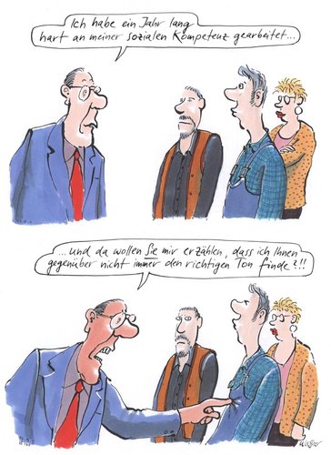 Cartoon: soziale kompetenz (medium) by woessner tagged soziale,kompetenz,coaching,psychologie,trainee,personalabteilung,personaler,mobbing,benehmen,etikette,umgangsform,höflichkeit,soziale,kompetenz,coaching,psychologie,trainee,personalabteilung,personaler,mobbing,benehmen,etikette,umgangsform,höflichkeit