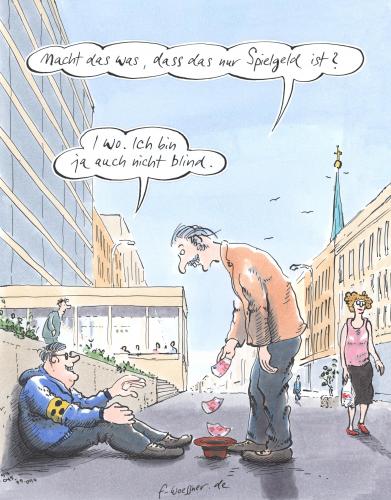 Cartoon: spielgeld (medium) by woessner tagged bettler,blind,armut,spiel,geld,spende,witz,schlagfertig,bettler,blind,armut,spielgeld,spende,schlagfertig,obdachlos,betteln,betrug,betrügen,passanten,stadt,city,straße,kultur,geld,sozial