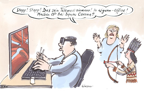 Cartoon: Telemedizinmann (medium) by woessner tagged woessner,karikaturen,cartoons,störung,familienleben,spiele,verkleidung,beruf,pfeil,und,bogen,isolation,covid,pandemie,epidemie,virus,viren,ansteckung,isolierung,vorsorge,cyberbrille,op,arzt,telemedizin,homeoffice,herzoperation,joystick,indianersprache,corona,quarantäne,familie,kinderbetreuung,medizin,chirurg,operation,monitor,internet,pc,computer,digital,digitalisierung,it,indianerspiele,woessner,karikaturen,cartoons,störung,familienleben,spiele,verkleidung,beruf,pfeil,und,bogen,isolation,covid,pandemie,epidemie,virus,viren,ansteckung,isolierung,vorsorge,cyberbrille,op,arzt,telemedizin,homeoffice,herzoperation,joystick,indianersprache,corona,quarantäne,familie,kinderbetreuung,medizin,chirurg,operation,monitor,internet,pc,computer,digital,digitalisierung,it,indianerspiele