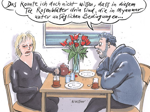 Cartoon: unsägliche Bedingungen (medium) by woessner tagged woessner,karikatur,cartoon,partnerschaft,ehe,zusammenleben,rücksichtnahme,einfühlung,engagement,mitleid,auseinandersetzung,gespräch,getränk,teezeremonie,vorwurf,vorwurfsvoll,unsägliche,bedingungen,tee,rosenblätter,ernte,arbeitsbedingungen,ausbeutung,dritte,welt,myanmar,beziehung,beleidigt,mann,frau,sensibel,high,sensitiv,woessner,karikatur,cartoon,partnerschaft,ehe,zusammenleben,rücksichtnahme,einfühlung,engagement,mitleid,auseinandersetzung,gespräch,getränk,teezeremonie,vorwurf,vorwurfsvoll,unsägliche,bedingungen,tee,rosenblätter,ernte,arbeitsbedingungen,ausbeutung,dritte,welt,myanmar,beziehung,beleidigt,mann,frau,sensibel,high,sensitiv