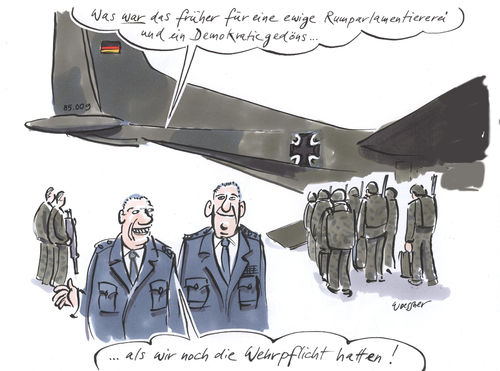 Cartoon: Wehrpflicht (medium) by woessner tagged wehrpflicht,demokratie,parlamentarismus,söldner,bundeswehr,landesverteidigung,soldaten,krieg,angriffskrieg,rohstoffsicherung,out,of,aerea,deutschland,pazifismus,kriegserfahrung,woessner,cartoon,karikatur,wehrpflichtige,einberufung,bürger,in,uniform,söldnerheer,privatisierung,militarisierung,militär,truppen,truppentransport,mitbestimmung,kriegspropaganda,wehrpflicht,demokratie,parlamentarismus,söldner,bundeswehr,landesverteidigung,soldaten,krieg,angriffskrieg,rohstoffsicherung,out,of,aerea,deutschland,pazifismus,kriegserfahrung,woessner,cartoon,karikatur,wehrpflichtige,einberufung,bürger,in,uniform,söldnerheer,privatisierung,militarisierung,militär,truppen,truppentransport,mitbestimmung,kriegspropaganda