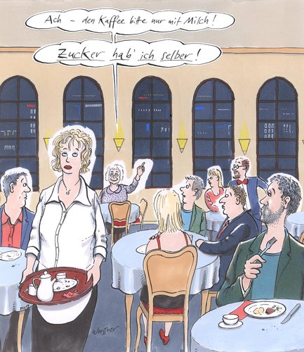 Cartoon: Zucker (medium) by woessner tagged kaffee,ohne,zucker,cafe,restaurant,bedienung,kellner,essen,trinken,alter,krankheit,diabetes,kaffee,ohne,zucker,cafe,restaurant,bedienung,kellner,essen,trinken,alter,krankheit,diabetes