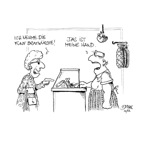 Cartoon: 5 Bratwürste bitte! (medium) by MosesCartoons tagged metzger,schlachter,kurzsichtig,brille,verkäuferin,rentnerin,bratwurst