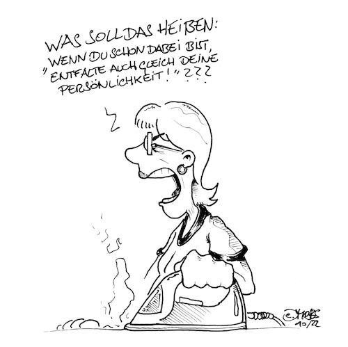 Cartoon: Entfaltung der Persönlichkeit (medium) by MosesCartoons tagged hausfrau,frau,bügeln,hausarbeit,persönlichkeit,falten,ehe