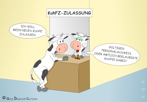 Cartoon: KuhFZ-Zulassung (medium) by a-b-c tagged auto,kfz,zulassungsstelle,amt,amtlich,anmeldung,termin,behörde,beamter,kennzeichen,anmelden,abmelden,bürger,kopie,fahrzeug,fahrzeugschein,fahrzeugbrief,kuh,rind,auto,kfz,zulassungsstelle,amt,amtlich,anmeldung,termin,behörde,beamter,kennzeichen,anmelden,abmelden,bürger,kopie,fahrzeug,fahrzeugschein,fahrzeugbrief,kuh,rind