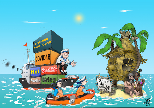 Cartoon: Die Rettung (medium) by Back tagged rettung,misanthrop,fluchtfantasie,gesellschaft,konflikte,streite,probleme,not,krieg,katastropheeinsameninsel,unbewohnteinsel