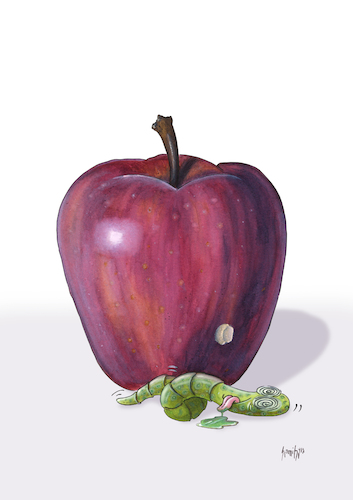 Cartoon: apple (medium) by hamitgis tagged apple,worm,cartoon,pesticide,poison,agriculture,toxic,funny,humor,illustration,dizzy,unconscious,organic,farming,pest,control