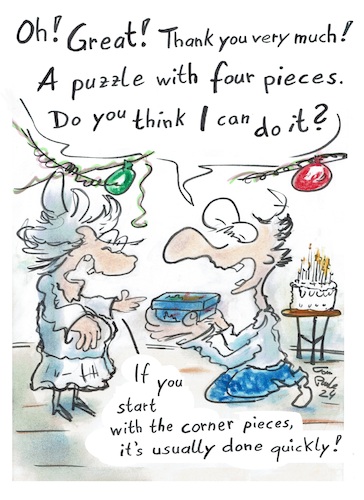 Cartoon: A birthday present (medium) by TomPauLeser tagged birthday,present,gift,puzzle,part,pieces,corner,game,surprise,surprised,quick,quickly