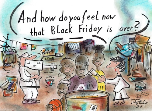 Cartoon: Black Friday is over (medium) by TomPauLeser tagged black,friday,is,over,slum,slums,ghetto,huts
