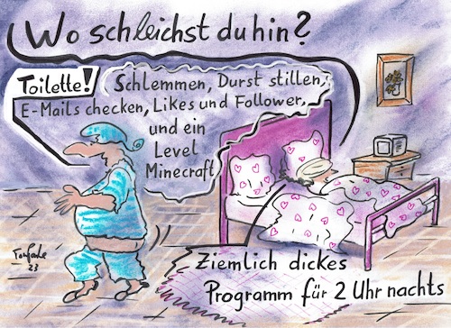 Cartoon: Nachtschleich (medium) by TomPauLeser tagged schlaf,schlaflos,schlaflosigkeit,wach,bett,minecraft,follower,mail,likes