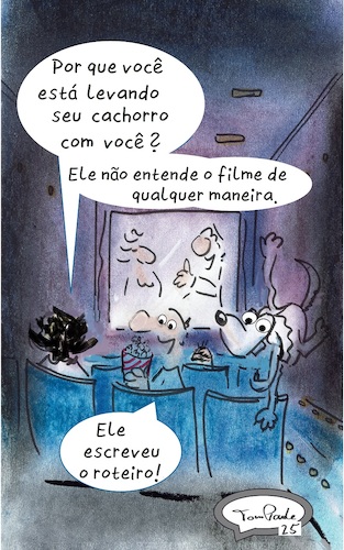 Cartoon: No cinema (medium) by TomPauLeser tagged no,cinema,script,dog,owner,livro,de,filme,pipoca,popcorn