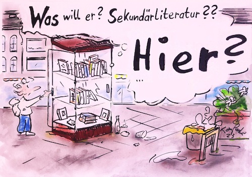 Cartoon: Sekundärliteratur (medium) by TomPauLeser tagged buchschrank,bücherschrank,literatur,marktplatz,sekundärliteratur,abfalleimer,mülleimer