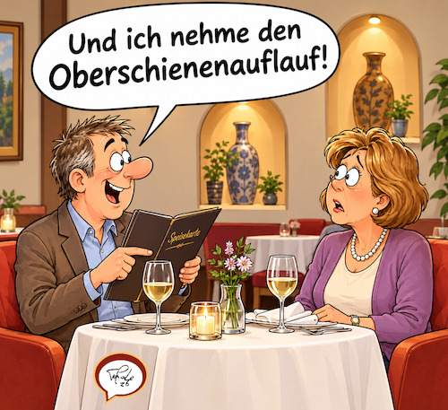 Cartoon: Techniker (medium) by TomPauLeser tagged aubergine,technik,schiene,techniker,ober,auflauf,restaurant,gaststätte,dinner,essen,mahlzeit,bestellung,speisekarte