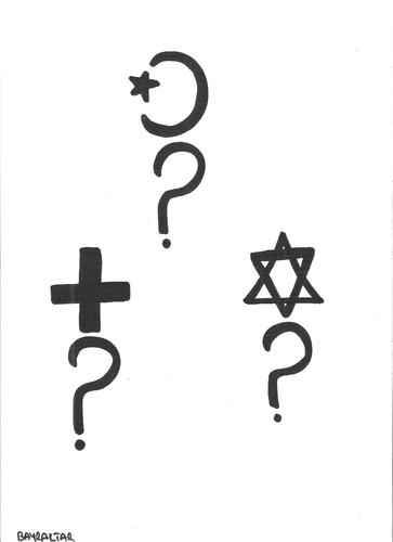 Cartoon: three sacred religious question (medium) by Seydi Ahmet BAYRAKTAR tagged three,sacred,religious,question,mark