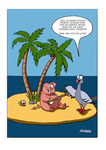 Cartoon: Robinson-Crusoe-Tag (medium) by SandraNabbefeld tagged cartoon,cartoonist,comic,comicstyle,kurioses,robinsoncrusoe,crusoe,tauben,schwein,insel,wasser,meer,einsam,einsameinsel,vegan,vegetarisch,ozean,allein,humor,absurd,absurdes,palmen,muscheln