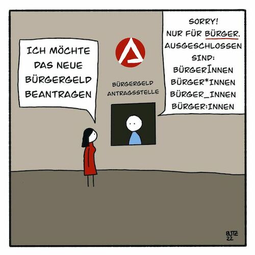 Cartoon: Neulich bei der Arge (medium) by Butz tagged gendern,bürgergeld,agentur,für,arbeit,jobcenter,frau,schalter,sprache