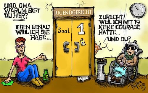 Cartoon: Beim Jugendgericht (medium) by pefka tagged last,generation,courage,schuld,sühne