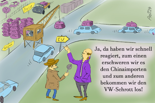 Cartoon: Auflasten statt Strafzölle (medium) by Arni tagged strafzoll,strafzölle,eu,eautos,auto,tesla,elektroauto,elektroautos,china,import,importe,idee,vw,volkswagen,schrott,gewicht,tonne,presse,schrottpresse