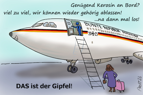 Cartoon: Baerbocks Gipfel - COP28 (medium) by Arni tagged cop28,annalena,baerbock,regierungsflieger,flugdienst,luftwaffe,verteidigung,krieg,ministerin,gipfel,treffen