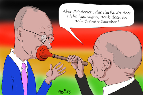 Cartoon: Dentales Gerede oral befriedet (medium) by Arni tagged friedrich,merz,zahnarzt,zahnärzte,praxis,praxen,olaf,scholz,cdu,spd,brandmauer,afd,asylanten,migranten,flüchtende,rüge