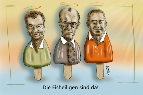 Cartoon: Die Eisheiligen sind da (medium) by Arni tagged friedrich,merz,marcus,söder,klingbeil,spd,cdu,csu,kanzler,regierung,minister,vorsitzende,deutschland,papst,franziskus,tod,tot,konklave,rom,religion,katholisch,katholizismus,wahl,land,eis,am,stiel,heilig,eisheilige,berlin,friedrich,merz,marcus,söder,klingbeil,spd,cdu,csu,kanzler,regierung,minister,vorsitzende,deutschland,papst,franziskus,tod,tot,konklave,rom,religion,katholisch,katholizismus,wahl,land,eis,am,stiel,heilig,eisheilige,berlin