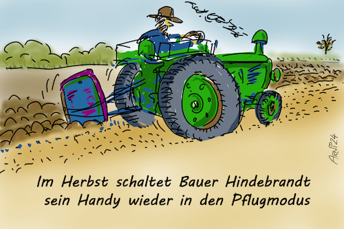 Cartoon: Handy Herbst Pflugmodus (medium) by Arni tagged pflug,modus,flugmodus,handy,handi,smartphone,iphone,mobile,mobilphone,mobiltelefon,herbst,bauer,ackern,acker,pflügen,traktor,bulldog,trecker