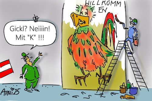 Cartoon: Missglückter Willkommensgruß (medium) by Arni tagged österreich,regierung,bildung,findung,plakat,gemalt,korrektur,willkommenherbert,kickl,gickl,gickel,gockel