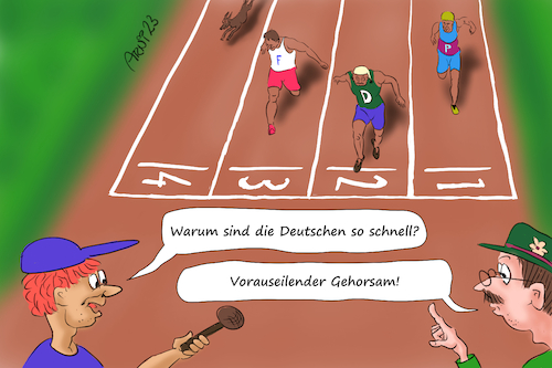 Cartoon: Schnelle Deutsche (medium) by Arni tagged deutscher,michel,gehorsam,sport,laufen,leichtathletik,sportler,rennen,erster,gewinner,gewinnen,pokal