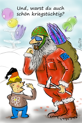 Cartoon: Weihnachtstüchtigkeit (medium) by Arni tagged krieg,frieden,tüchtig,kriegstüchtigkeit,deutsch,deutschland,usa,eu,welt,aggression,waffen,lobby,rüstung,geschäft,ukraine,taurus,marsch,flugzeuge,fighter,russland,kriegstreiber,putin,trump,scholz,merz,pistorius,baerbock,weihnachten,weihnachtsmann,präsident,biden,harris