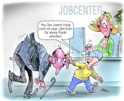 Cartoon: Mit Opa ins Jobcenter (medium) by Ritter-Cartoons tagged berthold,ritter,cartoons,pressekarikatur,karikaturen,pressezeichnung,berthold,ritter,cartoons,pressekarikatur,karikaturen,pressezeichnung