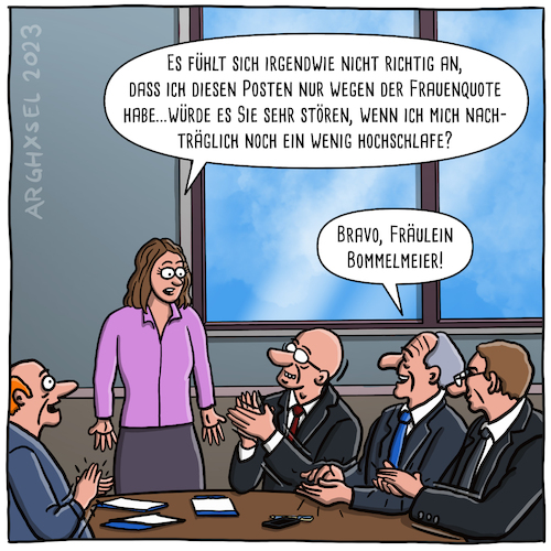 Cartoon: Frauenquote (medium) by Arghxsel tagged frauenquote,frauen,karriere,quote,hochschlafen,leistung,unterbezahlt,akzeptanz,frauenpower