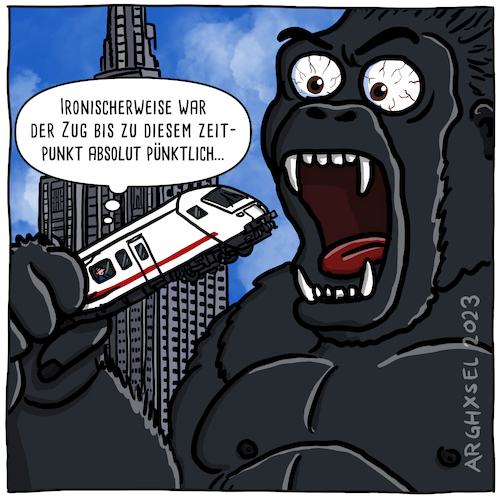 Cartoon: King Kong und die deutsche Bahn (medium) by Arghxsel tagged king,kong,zerstörung,bahn,verspätung,anschlusszug,pünktlich
