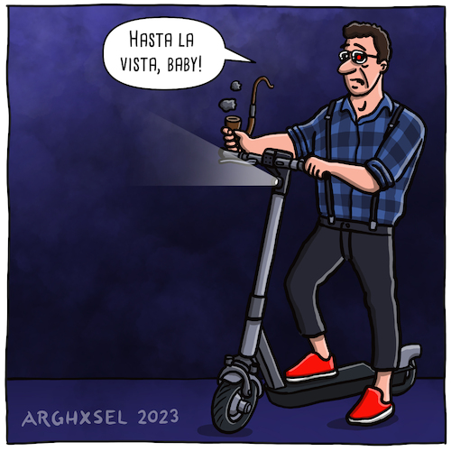 Cartoon: Terminator Hipster (medium) by Arghxsel tagged terminator,2024,arnold,stiefel,kleidung,motorrad,t1000,killer,cyborg,film,kino,schwarzenegger,leinwand,video,roller,hipster,sarah,connor,john,terminator,2024,arnold,stiefel,kleidung,motorrad,t1000,killer,cyborg,film,kino,schwarzenegger,leinwand,video,roller,hipster,sarah,connor,john