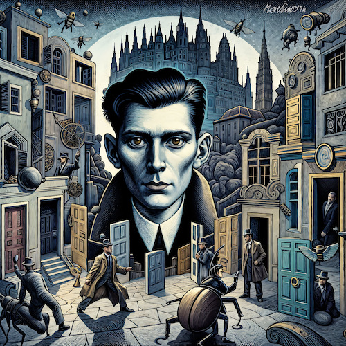 Cartoon: 100 Jahre Kafka 3 (medium) by MorituruS tagged franz,kafka,jubiläum,jubiläumsjahr,schriftsteller,jahr,100,jahre,erzählung,roman,verwandlung,vor,dem,gesetz,landarzt,prozess,urteil,hungerkünstler,weltliteratur,cartoon,karikatur,moriturus,schloss,moderne,prag,kafkaesk,deutsch,tschechisch,tschechien