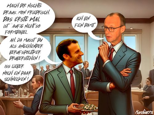 Cartoon: Das erste Mal - Merz in Paris (medium) by MorituruS tagged bundeskanzler,friedrich,merz,cdu,paris,französischer,präsident,emmanuel,macron,deutsch,französische,freundschaft,amtsantrittsbesuch,neustart,wahl,debakel,im,zweiten,anlauf,abweichler,stimmen,parlament,cartoon,karikatur,moriturus