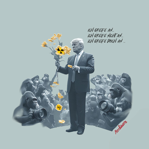 Cartoon: Die Blumen des Blöden (medium) by MorituruS tagged usa,donald,trump,zwei,wochen,bedenkzeit,krieg,kriegseintritt,konflikt,entscheidung,iran,israel,raketen,drohnen,marschflugkörper,bunkerbrechende,bombe,waffe,atomabkommen,iaea,atom,anlagen,drecksarbeit,bundeskanzler,merz,angriffskrieg,völkerrecht,missachtung,militärschlag,nahost,eskalation,atombombe,nuklearwaffe,uran,anreicherung,plutonium,mullah,regime,cartoon,karikatur,moriturus