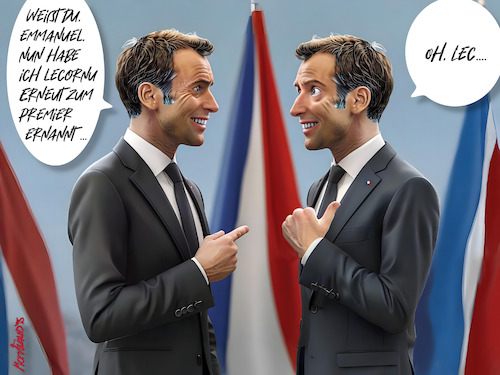 Cartoon: Lecornu erneut Premier (medium) by MorituruS tagged frankreich,eu,schwere,krise,emmanuel,macron,präsident,kandidat,premier,sebastien,lecornu,rücktritt,neue,ernennung,zweite,amtszeit,nationalversammlung,auflösung,haushalt,parteispitzen,le,pen,rassemblement,national,wirtschaftskrise,cartoon,karikatur,moriturus