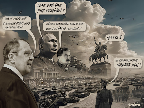 Cartoon: Siegesfeier am 9. Mai (medium) by MorituruS tagged krieg,ukraine,russland,wolodymyr,selenskyj,wladimir,putin,waffenstillstand,3tägig,siegesfeier,80,jahre,großer,vaterländischer,nazis,nazideutschland,einmonatige,waffenruhe,amerikanischer,vorschlag,bedingungsloser,für,30,tage,cartoon,karikatur,moriturus