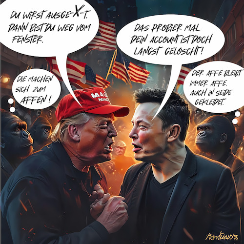 Cartoon: Trump vs. Musk. Ausge-x-t! (medium) by MorituruS tagged us,präsident,donald,trump,streit,tesla,chef,elon,musk,tech,milliardär,asyl,russland,expstein,files,truth,social,große,bombe,sexualstraftäter,verrücktheit,drogenkonsum,ketamin,cartoon,karikatur,moriturus