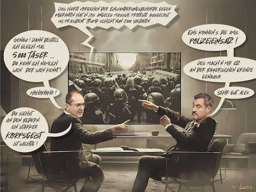Cartoon: Vorbild Los Angeles!? (medium) by MorituruS tagged bundesrepublik,deutschland,grenzkontrollen,migration,migranten,zurückweisung,an,der,grenze,asyl,dublin,europa,usa,prosteste,la,niederschlagung,eskalation,gewalt,kalifornien,polizei,freiheit,demokratie,autokratie,beschädigung,justiz,acab,all,cops,are,bastards,taser,einsatz,schleswig,holstein,maga,rechtsruck,korpsgeist,rechtspopulismus,cartoon,karikatur,moriturus