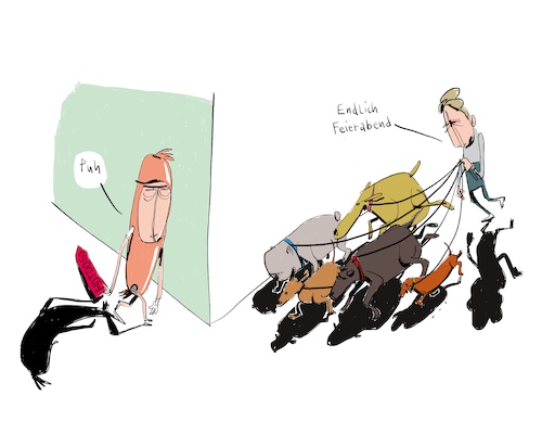 Cartoon: Feierabend (medium) by F L O tagged feierabend,hunde,hundesitter,hotdog,wurst,feierabend,hunde,hundesitter,hotdog,wurst