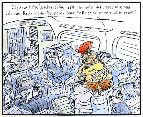 Cartoon: Irrfahrt (medium) by F L O tagged odyssee,odysseus,bahn,bahnfahrt,zug,ice,verspätung,lärm,verzweiflung,überfüllung,deutschland,schiene,verkehr,odyssee,odysseus,bahn,bahnfahrt,zug,ice,verspätung,lärm,verzweiflung,überfüllung,deutschland,schiene,verkehr