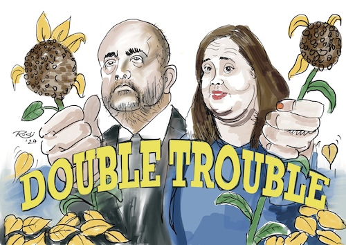 Cartoon: Double Trouble (medium) by Rudissketchbook tagged ricarda,lang,omid,nouripour,die,grünen,landtagswahl,krise,politsatire,ampelregierung,wahlverlierer,erdrutsch